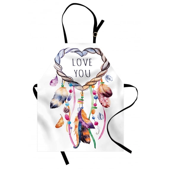 Feather Apron Hand Drawn Dream Catcher Illustration Ethnic Bohemian Style Image Vibrant Colored, Unisex Kitchen Bib Apron with Adjustable Neck for Cooking Baking Gardening, Multicolor, by Ambesonne