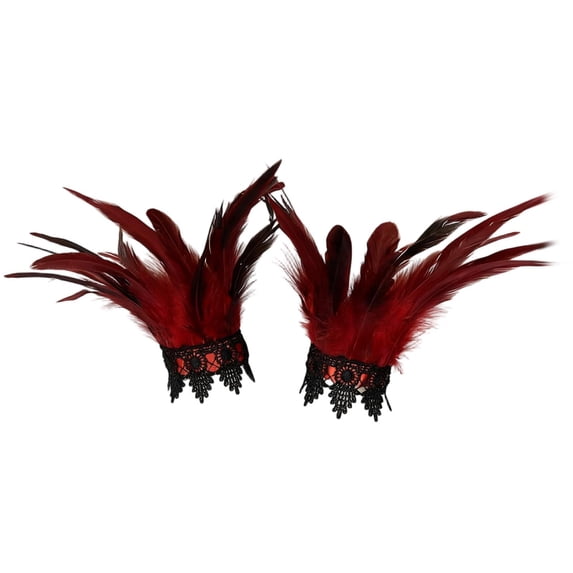 Feather Armband, Deep Red Lace Trimmed Wrist Cuffs, 2 Pack Decorative Feather Wrist Bands, for Halloween Cosplay Rave Party Carnival Stage Performance Themed Costume Accessories