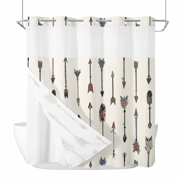 Feather Arrow No Hook Shower Curtain with Snap in Liner, Indian Tradition Colorful Arches Beige Waterproof Shower Curtain for Bathroom with Top Sheer Window, 72x72 Inch