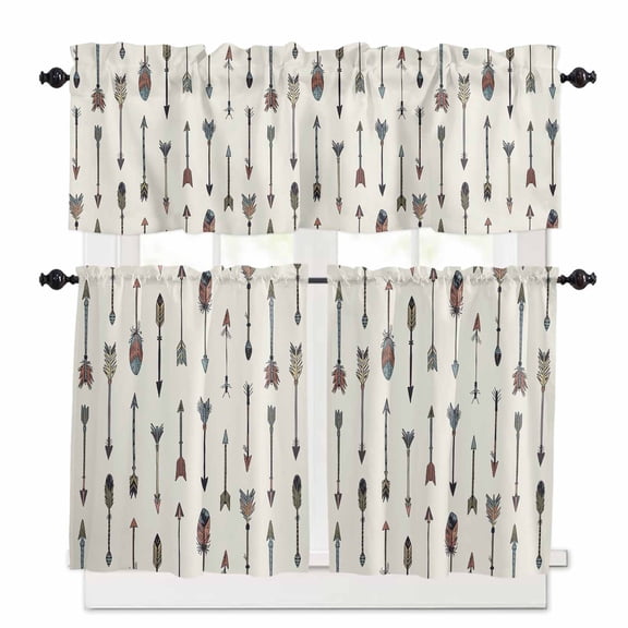 Feather Arrow Kitchen Curtains Valance and Tier Set Indian Tradition Colorful Arches Beige Rod Pocket Short Curtains for Small Window 3 Pieces Set for Bedroom Bathroom Cafe (54" x 18"+27" x 24")