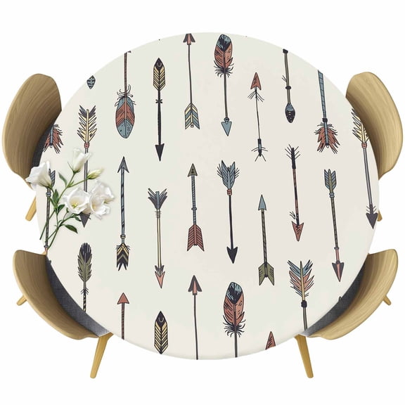 Feather Arrow Round Fitted Tablecloth with Elastic Edge, Indian Tradition Colorful Arches Beige Stretch Table Covers for 36"-44" Tables Wipeable Table Cloth for Outdoor