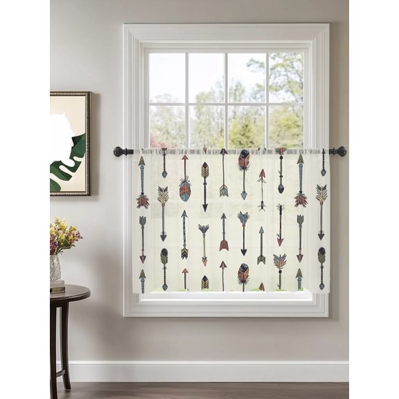 Feather Arrow Sheer Curtains 45 Inch Long 1 Panel Indian Tradition Colorful Arches Beige Rod Pocket Voile Cafe Curtains Light Filtering Small Window Treatments for Kitchen Basement 52" x 45"