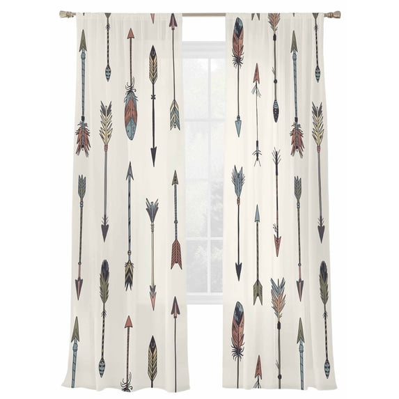 Feather Arrow Sheer Curtains for Living Room Bedroom, Indian Tradition Colorful Arches Beige Light Filtering Sheer Curtain Rod Pocket Voile Window Treaments Drapes, 52 x 84 Inches