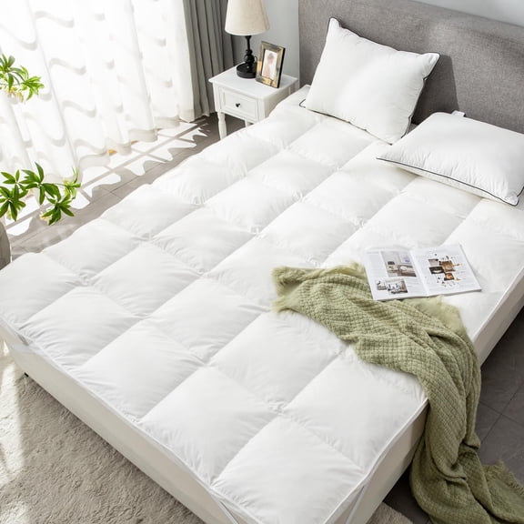 Down Feather Bed Mattress Topper, Twin/Twin XL Down Mattress Protector Cover for College Dorm with Straps, Plush Soft Fluffy Baffled Pillowtop Featherbed Cooling Pad Luxury (39x80 inch)