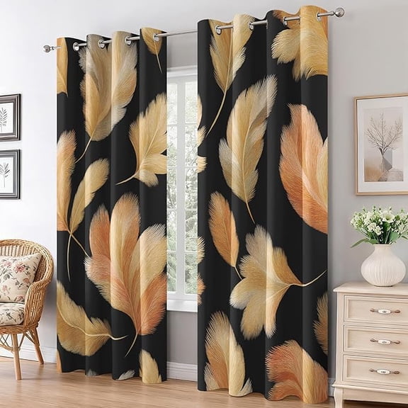 Feather Blackout Curtains, Feathers Curtains for Living Room Bedroom, Thermal Insulated Grommet Drapes, Plumage Room Decor 53"W x 96"L (Pack of 2)