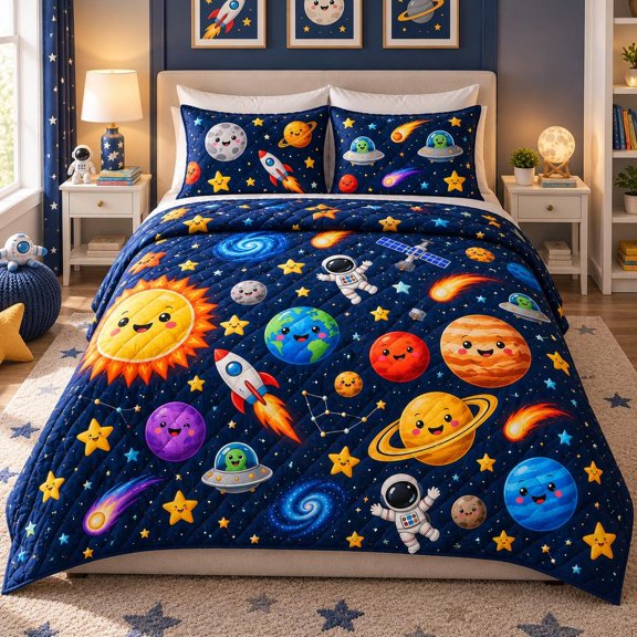 Cute Space Planet Quilt Bedding Set, Astronaut Rocket Alien Galaxy Kids Bedroom Decor