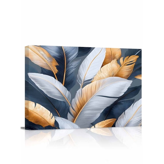Feather Canvas Print Wall Art Modern Framed Canvas Art Wall Decor Gold White Pictures Painting Morden Artwork for Living Room Bedroom, Ready to Hang - 16"x20"