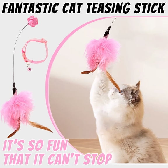 Feather Cat Teaser Wand With Neck Loop Collar, Steel Wire Bite Resistant Interactive Cat Toy For Self-Play - Self-Entertaining, Durable Chew Resistant, Multi-Textured Feathery