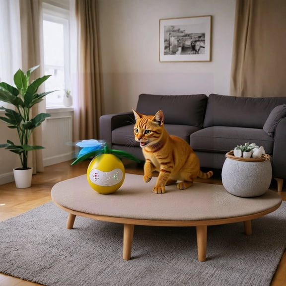 Feather Cat Toy, Smart Moving Ball, Laser Guided Play, Solo Feline Entertainment, Blue Feathers, Green Accents, 1 Pc