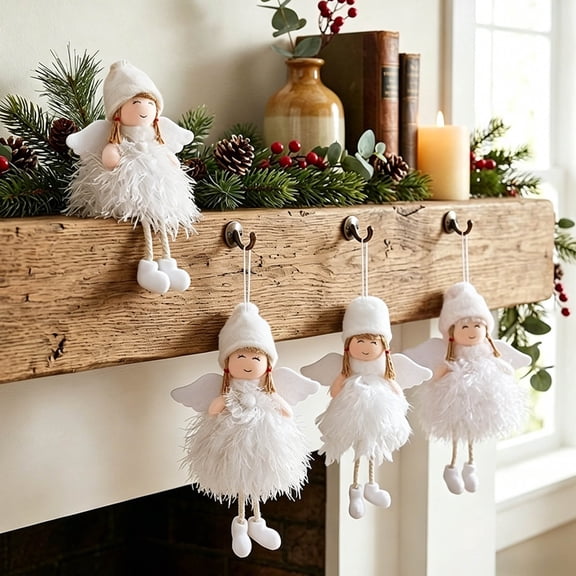 Feather Christmas Ornaments, Soft White Plush Angel Shaped Hanging Accessories for Xmas Tree Wall Window Indoor Holiday Party Decor, Elegant Lightweight Christmas Tree Hanging Decor