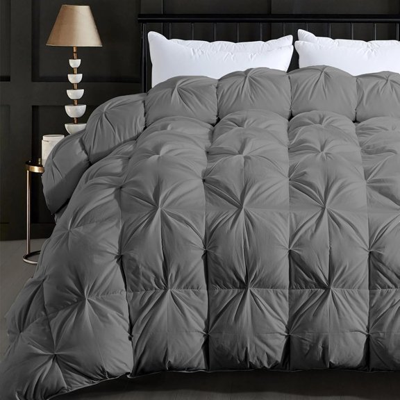 Feather Comforter King Size Duvet Insert, Luxury Fluffy Grey Pinch Pleat Design - All Season Hotel Collection Cotton Bed Comforter with 8 Tabs, King 106x90 Inches