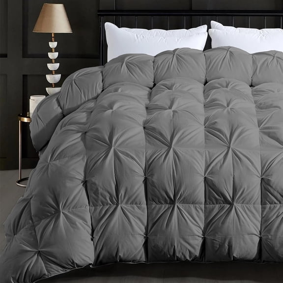 Feather Comforter Queen Size Duvet Insert, Luxurious Fluffy Hotel Grey Pinch Pleat Bedding Comforter - Ultra Soft All Season 100% Cotton Shell, Queen 90x90 Inch