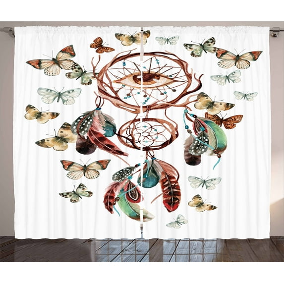 Ambesonne Feather Curtains 2 Panel Set, Dreamcatcher Art, 108" x 96", Multicolor