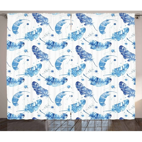 Ambesonne Feather Curtains 2 Panel Set, Watercolor Quill Motifs, 108" x 84", Pale Blue and White