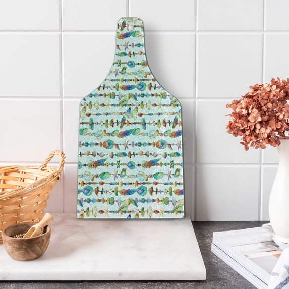 Feather Cutting Board, Watercolor Style with Sea Shells Nautical Boho Style Chains Pendant Pattern, Decorative Tempered Glass Cutting and Serving Board, Wine Bottle Shape, Multicolor, by Ambesonne
