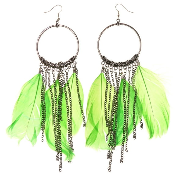 Feather Dangle-Earrings With tassel Accents Silver-Tone & Green Colored #4954