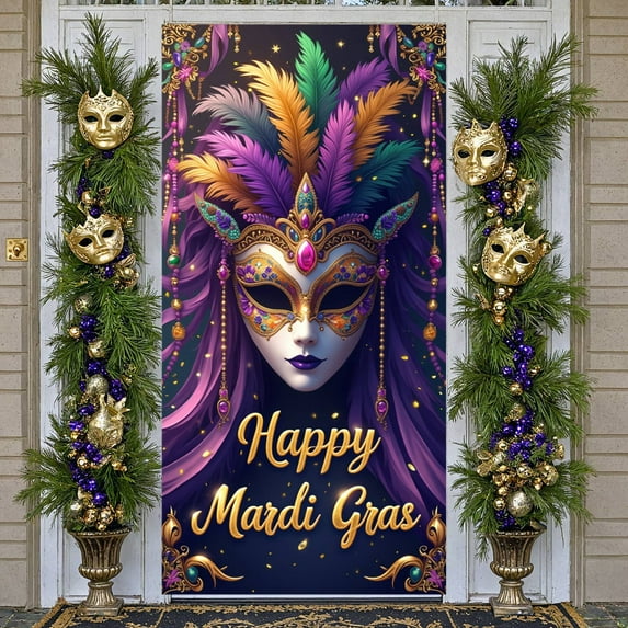 Feather Decor Mardi Gras Banner Jeweled Design Carnival Display Purple Gold Green Ornate Masquerade Backdrop for Carnival Party Masquerade Ball Festival Celebration