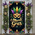 thumbnail image 1 of Feather Decorated Mardi Gras Banner Jeweled Mask Festival Backdrop Purple Green Gold Ornate Design Celebration Display for Mardi Gras Party Carnival Celebration Festive Gathering, 1 of 9