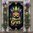 thumbnail image 1 of Feather Decorated Mardi Gras Banner Jeweled Mask Festival Backdrop Purple Green Gold Ornate Design Celebration Display for Mardi Gras Party Carnival Celebration Festive Gathering, 1 of 7