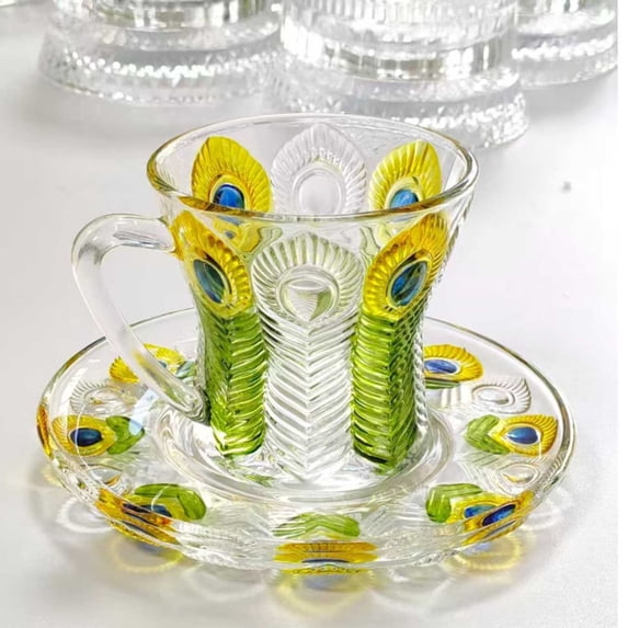 Feather Design Glass Coffee Teacup Set With Saucers For Home Kitchen Office Dining Modern Tableware Hot Beverages Cappuccino Latte Tea Dishwasher Safe Durable Gift Idea