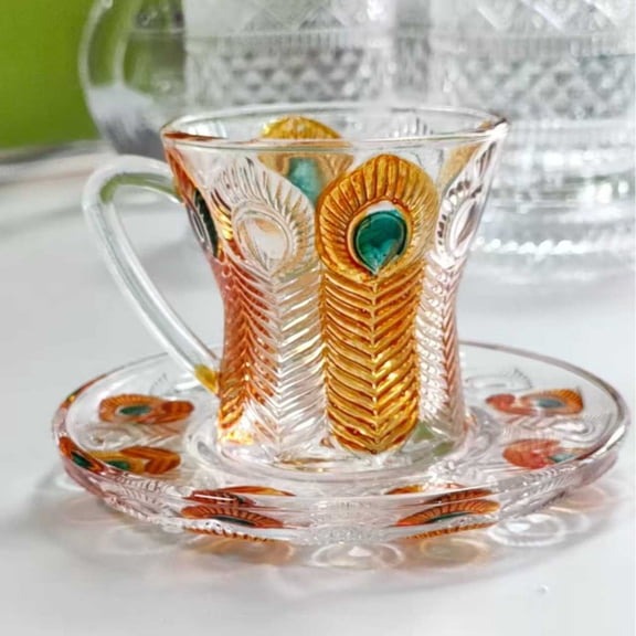 Feather Design Glass Coffee Teacup Set With Saucers For Home Kitchen Office Dining Modern Tableware Hot Beverages Cappuccino Latte Tea Dishwasher Safe Durable Gift Idea