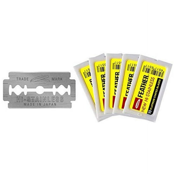 Feather Double Edge Safety Razor Blades - (50 Count) - Platinum Coated Hi-Stainless Steel Razor Blades - Fits Most Safety Razors - Super Sharp for Close Shaves - Made in Japan
