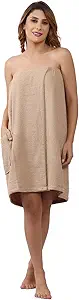 Feather Drape Women's 100% Cotton Terry Bath Towel Wrap – Super Absorbent Spa Wrap with Elastic Back & Adjustable Closure for Post-Shower, Gym & Lounge, Beige