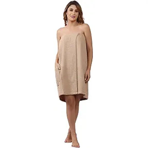 Feather Drape 100% Cotton Terry Bath Towel Wrap for Women with Elasticated Back & Adjustable Closure – Super Absorbent Spa Wrap for Post-Shower, Gym & Lounge Use - Beige
