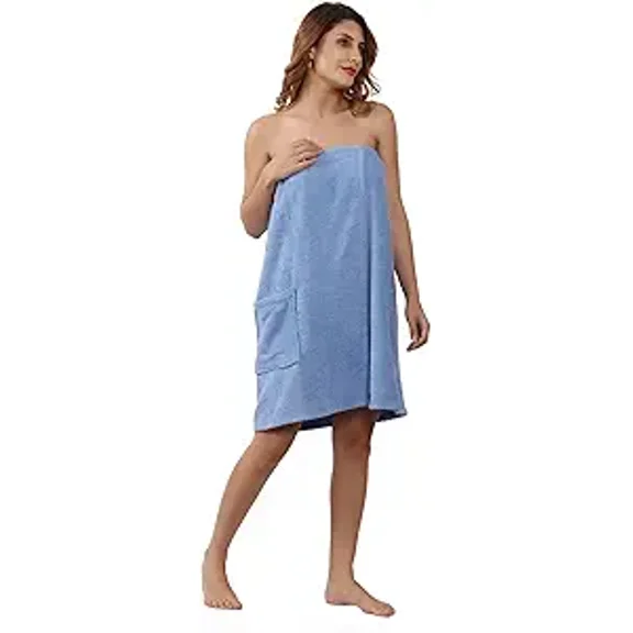 Feather Drape 100% Cotton Terry Bath Towel Wrap for Women with Elasticated Back & Adjustable Closure – Super Absorbent Spa Wrap for Post-Shower, Gym & Lounge Use - Sky Blue