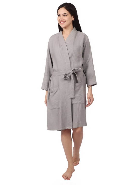 Women's Cotton Bathrobe – 100% Cotton Waffle Spa Robe, Lightweight Breathable Kimono Style Loungewear, Large, Grey