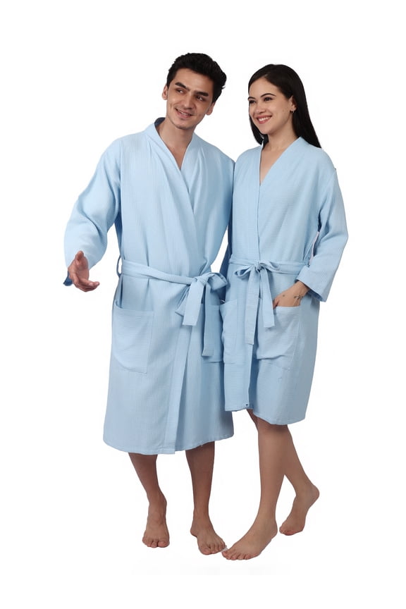 Women's Cotton Bathrobe – 100% Cotton Waffle Spa Robe, Lightweight Breathable Kimono Style Loungewear, Medium, Sky Blue