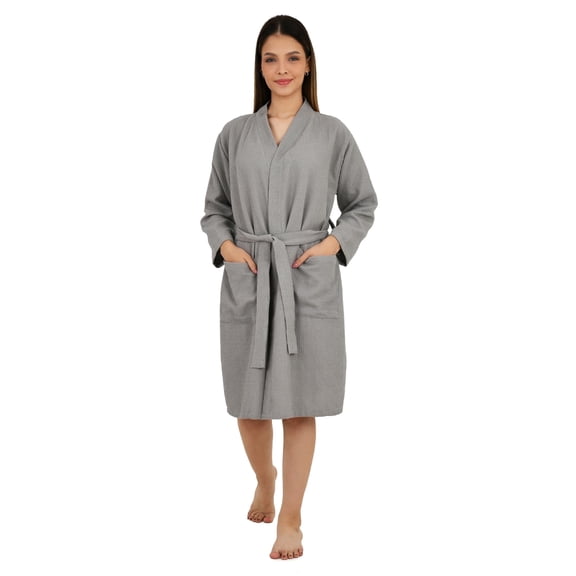 Feather Drape Women's Waffle 100% Cotton Bathrobe – Lightweight Spa Robe, Soft Breathable Loungewear, Kimono Style Belted Dressing Gown for Home, Hotel & Travel | Large | Grey