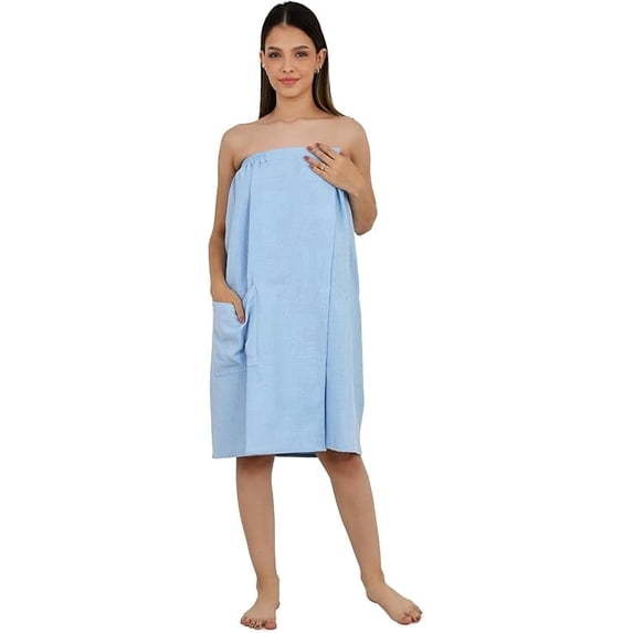 Feather Drape Women's Waffle Towel Wrap – 100% Cotton, Lightweight Spa Wrap with Hook & Loop Closure & Elastic Back, Bath & Shower Wrap Robe (Sky Blue, 80 * 150 CM)