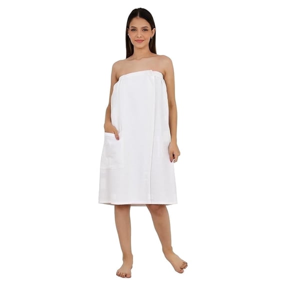 Feather Drape Women's Cotton Waffle Bath Wrap – Lightweight Spa Towel Wrap with Elastic Back & Adjustable Hook & Loop Closure, White, 80 x 150 cm