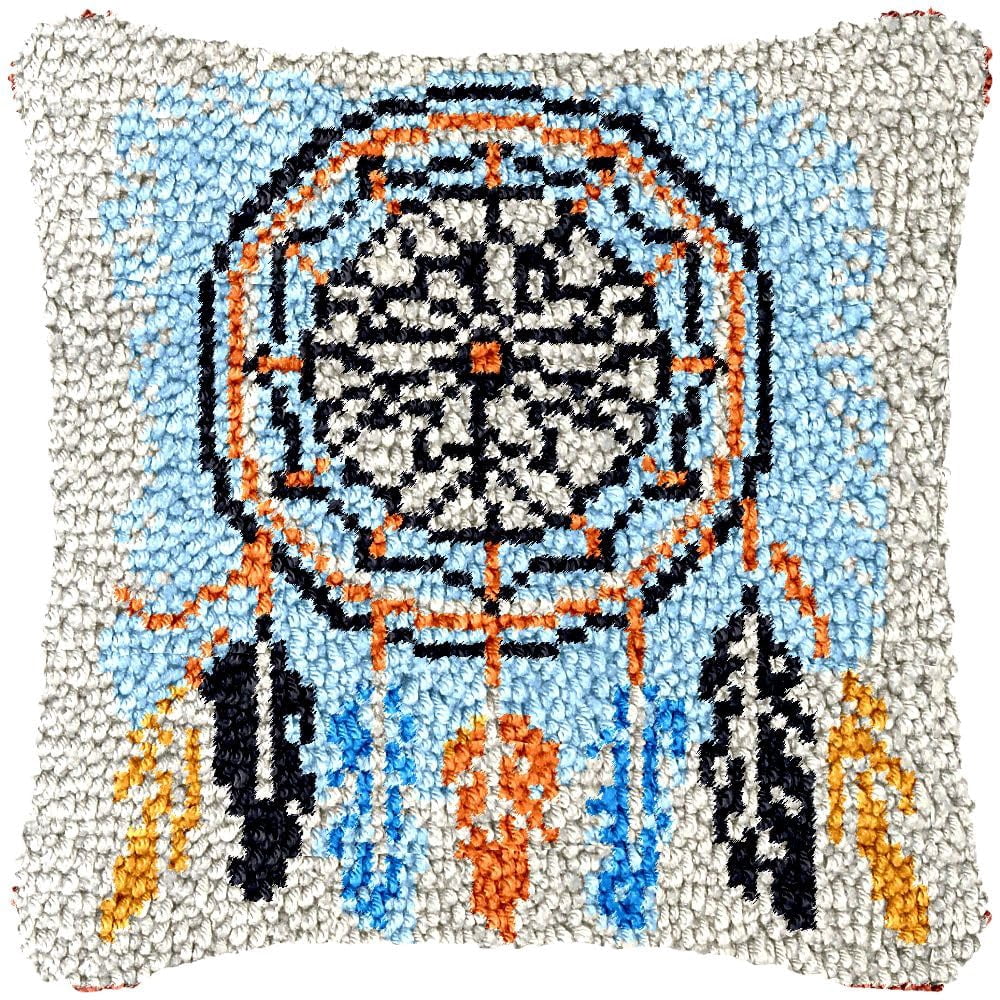 Feather Dreamcatcher Latch Hook Pillow Kits for Beginner Needle Crochet Yarn Kits with Stamped Canvas Embroidery Cushion Hook and Latch Throw Pillow Home Sofa Decoration 43x43cm