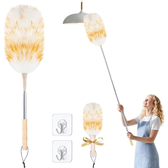 Feather Duster for Cleaning, Extendable Lambswool Duster 29-49 Inch for Cleaning Fans, Ceiling, Includes: Sticky Hooks2, Small Duster1, Electrostatic Dusters Suitable for Office, Home, Car