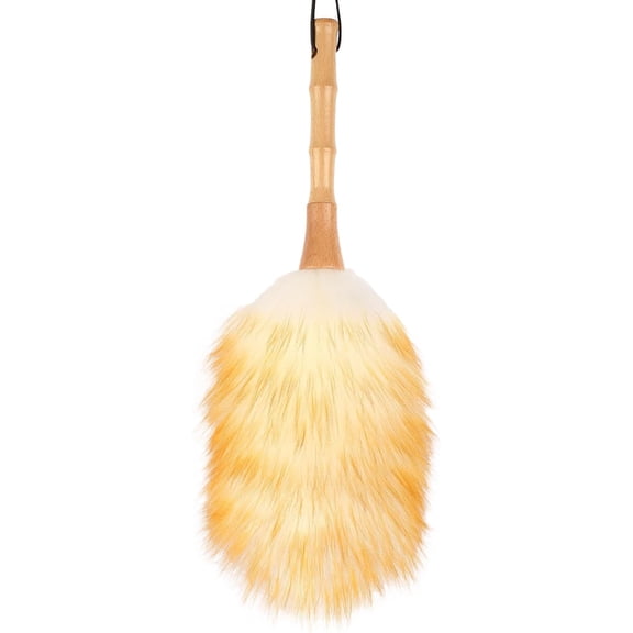 Feather Duster, Lambswool Duster for Cleaning,with Solid Wooden Handle,Leather Hang Strap,Anti-Static 14.9 inch Washable Reusable Small Hand Duster(Natural) for Office, Home and Car
