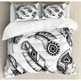 thumbnail image 1 of Feather Duvet Cover Set, Black Feathers with Prehistoric Tribal Geometrical Motifs Arranged in a Circle, Decorative 3 Piece Bedding Set with 2 Pillow Shams, King Size, White and Black, by Ambesonne, 1 of 3