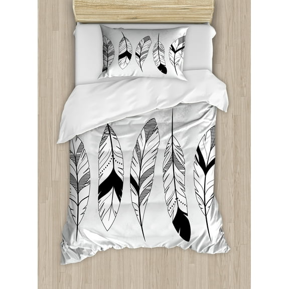 Feather Duvet Cover Set, Doodle Borders with Triangle Motifs Bohemian Western, Decorative 2 Piece Bedding Set with 1 Pillow Shams, Twin Size, Black White Pale Grey, by Ambesonne