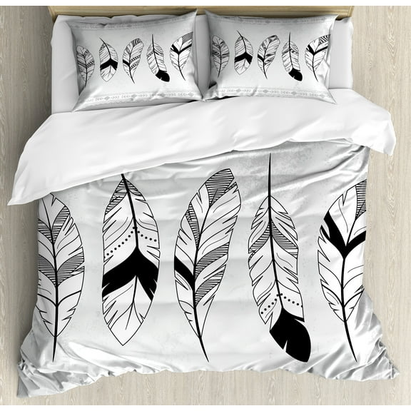 Feather Duvet Cover Set, Doodle Borders with Triangle Motifs Bohemian Western, Decorative 3 Piece Bedding Set with 2 Pillow Shams, Calking Size, Black White Pale Grey, by Ambesonne