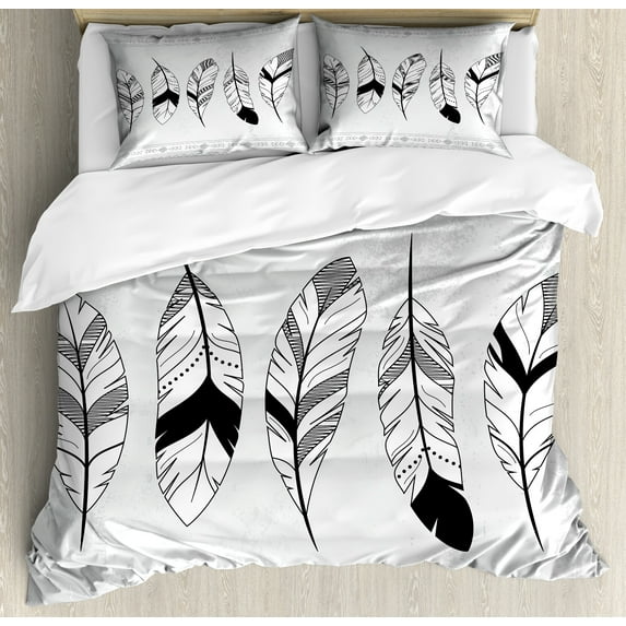 Feather Duvet Cover Set, Doodle Borders with Triangle Motifs Bohemian Western, Decorative 3 Piece Bedding Set with 2 Pillow Shams, King Size, Black White Pale Grey, by Ambesonne