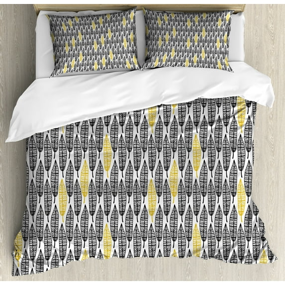 Feather Duvet Cover Set, Hand Drawn Repeating Pattern Ornate Feathers Style, Decorative 3 Piece Bedding Set with 2 Pillow Shams, King Size, Black White Mustard, by Ambesonne