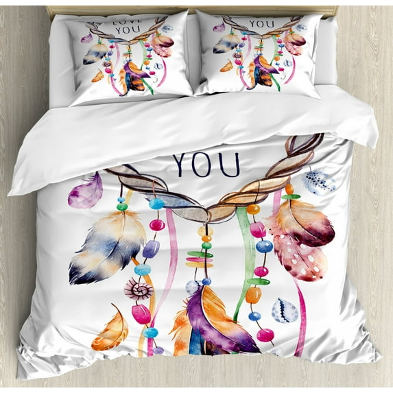 Feather Duvet Cover Set King Size, Hand Drawn Dream Catcher Illustration Ethnic Bohemian Style Image Vibrant Colored, Decorative 3 Piece Bedding Set with 2 Pillow Shams, Multicolor, by Ambesonne