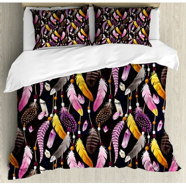 Feather Duvet Cover Set, Various Bohemian Style Elements Illustration Fantasy Diamonds and Gems Motifs, Decorative 3 Piece Bedding Set with 2 Pillow Shams, Calking Size, Plum and Mustard, by Ambesonne
