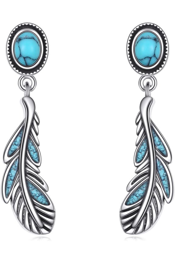 Feather Earring 925 Sterling Sliver Natural Turquoise Stone Eagle Feather Gift for Women