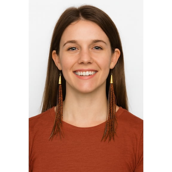 Feather Earrings 9 Inch Rust Brown Barred Gold Cone