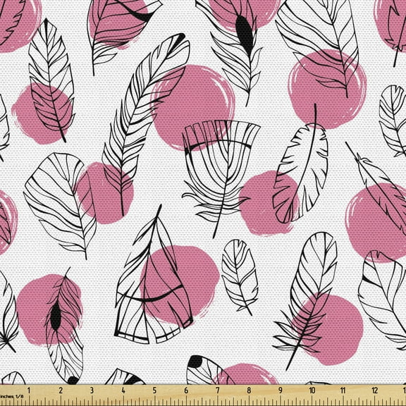 Feather Fabric by the Yard, Black Outline Feather Motifs with Big Pink Dots in Hand-drawn Style Boho, Upholstery Fabric for Dining Chairs Home Decor Accents, 2 Yards, Black White and Pink by Ambesonne