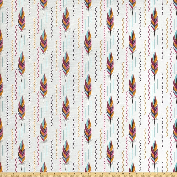 Ambesonne Feather Fabric by the Yard Upholstery, Bohemian Wavy Motifs, 5 Yards, Multicolor