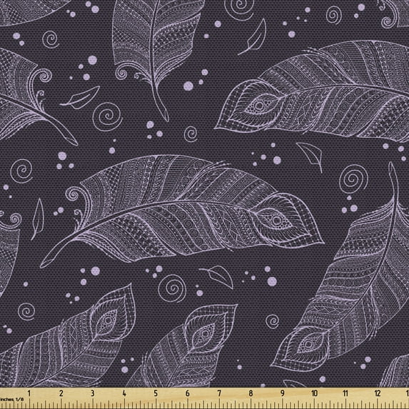 Ambesonne Feather Fabric by the Yard Upholstery, Romantic Zentangle, 2 Yards, Pale Eggplant Lilac