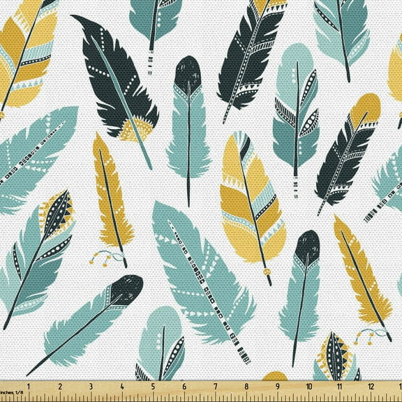 Ambesonne Feather Fabric by the Yard Upholstery, Doodle Composition, 10 Yards, Dark Blue Mustard